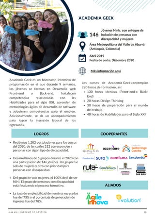 Recibimos 1.202 postulaciones para los cursos
del 2020, de las cuales 212 corresponden a
personas con algún tipo de discapacidad.
Desarrollamos de 5 grupos durante el 2020 con
una participación de 146 jóvenes. Un grupo fue
solo de mujeres y otro con prioridad para
personas con discapacidad.
Del grupo de solo mujeres, el 100% dejó de ser
NINI. El grupo de personas con discapacidad
está finalizando el proceso formativo.
La tasa de empleabilidad de nuestros egresados
fue del 73% y el porcentaje de generación de
ingresos fue del 78%.
Academia Geek es un bootcamp intensivo de
programación en el que durante 9 semanas,
los jóvenes se forman en Desarrollo web
Front-end o Back-end, fortalecen
competencias relacionadas con las
Habilidades para el siglo XXI, aprenden de
metodologías ágiles de desarrollo de software
y adquieren competencias para el empleo.
Adicionalmente, se da un acompañamiento
para lograr la inserción laboral de los
egresados.
130 horas técnicas (Front-end o Back-
End) 
20 horas Design Thinking 
30 horas de preparación para el mundo
del trabajo 
40 horas de Habilidades para el Siglo XXI
Los cursos de Academia Geek contemplan
220 horas de formación, así:  
Área Metropolitana del Valle de Aburrá
(Antioquia, Colombia)
Abril 2019
Fecha de corte: Diciembre 2020
Jóvenes Ninis, con enfoque de
inclusión de personas con
discapacidad y mujeres
ACADEMIA GEEK
146
LOGROS
Más información aquí
ALIADOS
COOPERANTES
MAKAIA | INFORME DE GESTIÓN 18
 