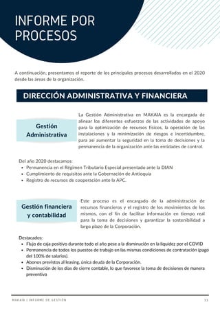INFORME POR
PROCESOS
La Gestión Administrativa en MAKAIA es la encargada de
alinear los diferentes esfuerzos de las actividades de apoyo
para la optimización de recursos físicos, la operación de las
instalaciones y la minimización de riesgos e incertidumbre,
para así aumentar la seguridad en la toma de decisiones y la
permanencia de la organización ante las entidades de control.
A continuación, presentamos el reporte de los principales procesos desarrollados en el 2020
desde las áreas de la organización.
DIRECCIÓN ADMINISTRATIVA Y FINANCIERA
Permanencia en el Régimen Tributario Especial presentado ante la DIAN
Cumplimiento de requisitos ante la Gobernación de Antioquia
Registro de recursos de cooperación ante la APC.
Del año 2020 destacamos:
Gestión
Administrativa
Gestión financiera
y contabilidad
Este proceso es el encargado de la administración de
recursos financieros y el registro de los movimientos de los
mismos, con el fin de facilitar información en tiempo real
para la toma de decisiones y garantizar la sostenibilidad a
largo plazo de la Corporación.
Flujo de caja positivo durante todo el año pese a la disminución en la liquidez por el COVID
Permanencia de todos los puestos de trabajo en las mismas condiciones de contratación (pago
del 100% de salarios).
Abonos previstos al leasing, única deuda de la Corporación.
Disminución de los días de cierre contable, lo que favorece la toma de decisiones de manera
preventiva
Destacados:
MAKAIA | INFORME DE GESTIÓN 33
 