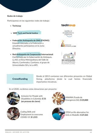 WEF Tech and Social Justice
Red Antioqueña de Cooperación Internacional:
Conformada por la Gobernación de Antioquia,
La ACI, el Área Metropolitana del Valle de
Aburrá, Comfenalco, Comfama, el grupo de
Universidades G8 y la La AFE.
Redes de trabajo
Participamos en las siguientes redes de trabajo:
Federación Antioqueña de ONG (FAONG):
Estamos asociados a la Federación y
actualmente participamos en la Junta
Directiva.
Techsoup
Desde el 2013 contamos con diferentes proyectos en Global
Giving, plataforma desde la cual hemos financiado
importantes iniciativas.
Crowdfunding
En el 2020, recibimos estas donaciones por proyecto:
Inclusion for People with
Disabilities in Colombia: $ 31
(en proceso de cierre)
Coding Skills and
Employment to overcome
COVID-19: $ 1,515
MAKAIA (Fondo de
Emergencia GG): $ 25,000
STEM as life alternative for
Girls in Medellin: $ 27,261
MAKAIA | INFORME DE GESTIÓN 40
 