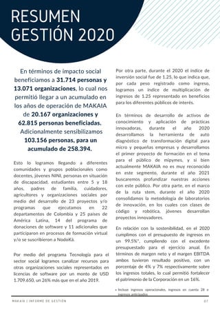 En términos de impacto social
beneficiamos a 31.714 personas y
13.071 organizaciones, lo cual nos
permitió llegar a un acumulado en
los años de operación de MAKAIA
de 20.167 organizaciones y
62.815 personas beneficiadas.
Adicionalmente sensibilizamos
103.156 personas, para un
acumulado de 258.394.
Esto lo logramos llegando a diferentes
comunidades y grupos poblacionales como
docentes, jóvenes NINI, personas en situación
de discapacidad, estudiantes entre 5 y 18
años, padres de familia, cuidadores,
agricultores y organizaciones sociales por
medio del desarrollo de 23 proyectos y/o
programas que ejecutamos en 22
departamentos de Colombia y 25 países de
América Latina, 14 del programa de
donaciones de software y 11 adicionales que
participaron en procesos de formación virtual
y/o se suscribieron a NodoKá.
Por otra parte, durante el 2020 el índice de
inversión social fue de 1.25, lo que indica que,
por cada peso registrado como ingreso,
logramos un índice de multiplicación de
ingresos de 1.25 representado en beneficios
para los diferentes públicos de interés.
En términos de desarrollo de activos de
conocimiento y aplicación de prácticas
innovadoras, durante el año 2020
desarrollamos la herramienta de auto
diagnóstico de transformación digital para
micro y pequeñas empresas y desarrollamos
el primer proyecto de formación en el tema
para el público de mipymes, y si bien
actualmente MAKAIA no es muy reconocido
en este segmento, durante el año 2021
buscaremos profundizar nuestras acciones
con este público. Por otra parte, en el marco
de la ruta stem, durante el año 2020
consolidamos la metodología de laboratorios
de innovación, en los cuales con clases de
código y robótica, jóvenes desarrollan
proyectos innovadores.
Por medio del programa Tecnología para el
sector social logramos canalizar recursos para
otras organizaciones sociales representados en
licencias de software por un monto de USD
1.709.650, un 26% más que en el año 2019.
En relación con la sostenibilidad, en el 2020
cumplimos con el presupuesto de ingresos en
un 99.5%*, cumpliendo con el excedente
presupuestado para el ejercicio anual. En
términos de margen neto y el margen EBITDA
ambos tuvieron resultado positivo, con un
porcentaje de 4% y 7% respectivamente sobre
los ingresos totales, lo cual permitió fortalecer
el patrimonio de la Corporación en un 16%.
RESUMEN
GESTIÓN 2020
* Incluye ingresos operacionales, ingresos en cuenta 28 e
ingresos anticipados
MAKAIA | INFORME DE GESTIÓN 07
 