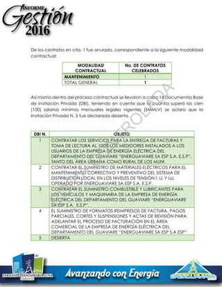 De los contratos en cita, 1 fue anulado, correspondiente a la siguiente modalidad
contractual:
MODALIDAD
CONTRACTUAL
No. DE CONTRATOS
CELEBRADOS
MANTENIMIENTO 1
TOTAL GENERAL 1
Así mismo dentro del proceso contractual se llevaron a cabo 14 Documentos Base
de Invitación Privada (DBI), teniendo en cuenta que la cuantía superó los cien
(100) salarios mínimos mensuales legales vigentes (SMMLV) se aclara que la
Invitación Privada N. 5 fue declarada desierta.
DBI N. OBJETO
1 CONTRATAR LOS SERVICIOS PARA LA ENTREGA DE FACTURAS Y
TOMA DE LECTURA AL 100% LOS MEDIDORES INSTALADOS A LOS
USUARIOS DE LA EMPRESA DE ENERGÍA ELÉCTRICA DEL
DEPARTAMENTO DEL GUAVIARE “ENERGUAVIARE SA ESP S.A. E.S.P”,
TANTO DEL ÁREA URBANA COMO RURAL DE LOS MUNI
2 CONTRATAR EL SUMINISTRO DE MATERIALES ELÉCTRICOS PARA EL
MANTENIMIENTO CORRECTIVO Y PREVENTIVO DEL SISTEMA DE
DISTRIBUCIÓN LOCAL EN LOS NIVELES DE TENSIÓN I, LL Y LLL
OPERADO POR ENERGUAVIARE SA ESP S.A. E.S.P.
3 CONTRATAR EL SUMINISTRO COMBUSTIBLE Y LUBRICANTES PARA
LOS VEHÍCULOS Y MAQUINARIA DE LA EMPRESA DE ENERGÍA
ELÉCTRICA DEL DEPARTAMENTO DEL GUAVIARE “ENERGUAVIARE
SA ESP S.A. E.S.P”.
4 EL SUMINISTRO DE FORMATOS REIMPRESOS DE FACTURA, PAGOS
PARCIALES, CORTES Y SUSPENSIONES Y ACTAS DE REVISIÓN PARA
ADELANTAR EL PROCESO DE FACTURACIÓN EN EL ÁREA
COMERCIAL DE LA EMPRESA DE ENERGÍA ELÉCTRICA DEL
DEPARTAMENTO DEL GUAVIARE “ENERGUAVIARE SA ESP S.A ESP”
5 DESIERTA
C
O
PIA
C
O
N
TR
O
LAD
A
 