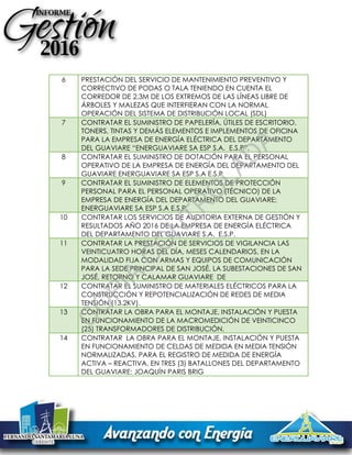6 PRESTACIÓN DEL SERVICIO DE MANTENIMIENTO PREVENTIVO Y
CORRECTIVO DE PODAS O TALA TENIENDO EN CUENTA EL
CORREDOR DE 2,3M DE LOS EXTREMOS DE LAS LÍNEAS LIBRE DE
ÁRBOLES Y MALEZAS QUE INTERFIERAN CON LA NORMAL
OPERACIÓN DEL SISTEMA DE DISTRIBUCIÓN LOCAL (SDL)
7 CONTRATAR EL SUMINISTRO DE PAPELERÍA, ÚTILES DE ESCRITORIO,
TONERS, TINTAS Y DEMÁS ELEMENTOS E IMPLEMENTOS DE OFICINA
PARA LA EMPRESA DE ENERGÍA ELÉCTRICA DEL DEPARTAMENTO
DEL GUAVIARE “ENERGUAVIARE SA ESP S.A. E.S.P”.
8 CONTRATAR EL SUMINISTRO DE DOTACIÓN PARA EL PERSONAL
OPERATIVO DE LA EMPRESA DE ENERGÍA DEL DEPARTAMENTO DEL
GUAVIARE ENERGUAVIARE SA ESP S.A E.S.P
9 CONTRATAR EL SUMINISTRO DE ELEMENTOS DE PROTECCIÓN
PERSONAL PARA EL PERSONAL OPERATIVO (TÉCNICO) DE LA
EMPRESA DE ENERGÍA DEL DEPARTAMENTO DEL GUAVIARE;
ENERGUAVIARE SA ESP S.A E.S.P.
10 CONTRATAR LOS SERVICIOS DE AUDITORIA EXTERNA DE GESTIÓN Y
RESULTADOS AÑO 2016 DE LA EMPRESA DE ENERGÍA ELÉCTRICA
DEL DEPARTAMENTO DEL GUAVIARE S.A. E.S.P.
11 CONTRATAR LA PRESTACIÓN DE SERVICIOS DE VIGILANCIA LAS
VEINTICUATRO HORAS DEL DÍA, MESES CALENDARIOS, EN LA
MODALIDAD FIJA CON ARMAS Y EQUIPOS DE COMUNICACIÓN
PARA LA SEDE PRINCIPAL DE SAN JOSÉ, LA SUBESTACIONES DE SAN
JOSÉ, RETORNO Y CALAMAR GUAVIARE DE
12 CONTRATAR EL SUMINISTRO DE MATERIALES ELÉCTRICOS PARA LA
CONSTRUCCIÓN Y REPOTENCIALIZACIÓN DE REDES DE MEDIA
TENSIÓN (13.2KV).
13 CONTRATAR LA OBRA PARA EL MONTAJE, INSTALACIÓN Y PUESTA
EN FUNCIONAMIENTO DE LA MACROMEDICIÓN DE VEINTICINCO
(25) TRANSFORMADORES DE DISTRIBUCIÓN.
14 CONTRATAR LA OBRA PARA EL MONTAJE, INSTALACIÓN Y PUESTA
EN FUNCIONAMIENTO DE CELDAS DE MEDIDA EN MEDIA TENSIÓN
NORMALIZADAS, PARA EL REGISTRO DE MEDIDA DE ENERGÍA
ACTIVA – REACTIVA, EN TRES (3) BATALLONES DEL DEPARTAMENTO
DEL GUAVIARE: JOAQUÍN PARIS BRIG
C
O
PIA
C
O
N
TR
O
LAD
A
 