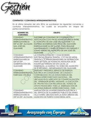 CONTRATOS Y CONVENIOS INTERADMINISTRATIVOS
En el último bimestre del año 2016, se suscribieron los siguientes convenios y
contratos interadministrativos, los cuales se encuentra en etapa de
perfeccionamiento:
NOMBRE DEL
CONVENIO
OBJETO
CONVENIO
INTERADMINISTRATIVO
ENERGUAVIARE SA
ESP SA ESP- ALCALDÍA
SAN JOSÉ DEL
GUAVIARE
SUSCRIBIR UN CONVENIO DE COOPERACIÓN Y
ASOCIACIÓN CUYO FIN ES AUNAR ESFUERZOS ENTRE
EL MUNICIPIO DE SAN JOSÉ DEL GUAVIARE Y LA
EMPRESA DE ENERGÍA ELÉCTRICA DEL GUAVIARE-
ENERGUAVIARE SA ESP S.A ESP, PARA REALIZAR
MANTENIMIENTO Y EMBELLECIMIENTO DE PARQUES Y
ZONAS VERDES DEL MUNICIPIO DE SAN JOSÉ DEL
GUAVIARE
CONVENIO
INTERADMINISTRATIVO
ENERGUAVIARE SA
ESP SA ESP-
GOBERNACIÓN DEL
GUAVIARE
LA CONSTRUCCIÓN DE 7,13 KM DE REDES
ELÉCTRICAS DE BAJA TENSIÓN, 17,97 KM DE MEDIA
TENSIÓN Y 17 TRANSFORMADORES DE DISTRIBUCIÓN
PARA UN TOTAL DE POTENCIAL INSTALADA DE 85
KVA EN LAS VEREDAS DE SAN LUCAS, LA
ESMERALDA, LA MARINA Y EL HOBO DEL MUNICIPIO
DE EL RETORNO - DEPARTAMENTO DEL GUAVIARE
CONVENIO
INTERADMINISTRATIVO
FAER GGC 372-2016
AMPLIAR Y PRESTAR EL SERVICIO DE ENERGÍA
ELÉCTRICA EN CONDICIONES DE CALIDAD Y
CONFIABILIDAD, EN LAS ZONAS RURALES DEL
SISTEMA INTERCONECTADO NACIONAL - SIN,
UBICADAS EN EL MERCADO DE COMERCIALIZACIÓN
DEL OPERADOR DE RED, MEDIANTE LA EJECUCIÓN
DE PROYECTOS CON RECURSOS DEL FONDO DE
APOYO FINANCIERO PARA LA ENERGIZACIÓN DE
LAS ZONAS RURALES INTERCONECTADAS - FAER.
CONVENIO
INTERADMINISTRATIVO
ENERGUAVIARE SA
ESP SA ESP- ALCALDÍA
AMPLIACIÓN DE LA INTERCONEXIÓN ELÉCTRICA Y
DEL SERVICIO DE ALUMBRADO PUBLICO DEL BARIO
VILLA MARÍN, UBICADO EMN LA ZONA URBANA DEL
MUNICIPIO DE PUERTO CONCORDIA META
C
O
PIA
C
O
N
TR
O
LAD
A
 