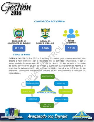 COMPOSICIÓN ACCIONARIA
GRUPOS DE INTERÉS
ENERGUAVIARE SA ESP S.A. E.S.P. ha identificado aquellos grupos que se ven afectados
directa o indirectamente por el desarrollo de su actividad empresarial, y por lo
tanto, también tienen la capacidad de afectar directa o indirectamente el desarrollo
de éstas; identificar los grupos de interés, y cuáles son sus expectativas, facilita a la
organización la implantación de la Responsabilidad Social y la definición de las
diferentes actividades desarrolladas durante el 2016 encaminadas a satisfacer sus
necesidades.
92.11%
GOBERNACIÓN DEL
DEPARTAMENTO DEL GUAVIARE
ALCALDÍA DEL
MUNICIPIO DE SAN JOSÉ
DEL GUAVIARE
1.98% 5.91%
SOCIOS
MINORITARIOS
C
O
PIA
C
O
N
TR
O
LAD
A
 