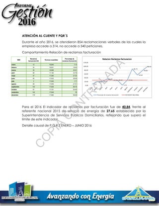 ATENCIÓN AL CLIENTE Y PQR´S
Durante el año 2016, se atendieron 854 reclamaciones verbales de las cuales la
empresa accede a 314, no accede a 540 peticiones.
Comportamiento Relación de reclamos facturación
Para el 2016 El indicador de reclamos por facturación fue de 40.84, frente al
referente nacional 2015 de servicio de energía de 27.65 establecido por la
Superintendencia de Servicios Públicos Domiciliarios, reflejando que supero el
límite de este indicador.
Detalle causal de P.Q.R.S ENERO – JUNIO 2016
MES
Reclamos
facturación SUI
Facturas expedidas
Porcentaje de
reclamos facturación
enero 12 16,800 7.14
febrero 32 16,901 18.93
marzo 35 16,986 20.61
abril 58 17,182 33.76
mayo 47 17,260 27.23
junio 50 17,522 28.54
julio 3 17,545 1.71
agosto 49 17,555 27.91
septiembre 153 17,636 86.75
octubre 97 17,751 54.64
noviembre 140 17,948 78
diciembre 178 17,982 98.99
Total 854 40.35
C
O
PIA
C
O
N
TR
O
LAD
A
 