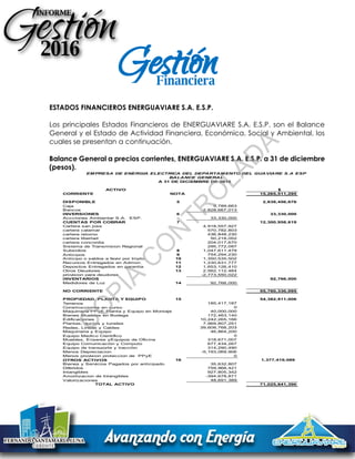 ESTADOS FINANCIEROS ENERGUAVIARE S.A. E.S.P.
Los principales Estados Financieros de ENERGUAVIARE S.A. E.S.P. son el Balance
General y el Estado de Actividad Financiera, Económica, Social y Ambiental, los
cuales se presentan a continuación.
Balance General a precios corrientes, ENERGUAVIARE S.A. E.S.P. a 31 de diciembre
(pesos).
ACTIVO $
CORRIENTE NOTA 15,265,511,295
DISPONIBLE 5 2,838,456,676
Caja 9,789,663
Bancos 2,828,667,013
INVERSIONES 6 33,330,000
Accciones Ambientar S.A. ESP. 33,330,000
CUENTAS POR COBRAR 7 12,300,958,619
Cartera san jose 4,918,557,927
cartera calamar 570,782,803
cartera retorno 436,848,230
cartera libertad 50,218,052
cartera concordia 204,017,670
Sistema de Transmision Regional 295,772,097
Subsidios 8 1,047,611,479
Anticipos 9 754,294,230
Anticipo o saldos a favor por Impto 10 1,350,535,502
Recursos Entregados en Admon. 11 1,230,631,777
Depositos Entregados en garantia 12 1,653,126,410
Otros Deudores 13 2,562,112,464
provision para deudores -2,773,550,022
INVENTARIOS 92,766,000
Medidores de Luz 14 92,766,000
NO CORRIENTE 55,760,330,095
PROPIEDAD, PLANTA Y EQUIPO 15 54,382,911,006
Terrenos 185,417,187
Construcciones en curso 0
Maquinaria PPyE Planta y Equipo en Montaje 40,000,000
Bienes Muebles en Bodega 172,463,140
Edificaciones 10,242,265,166
Plantas, ductos y tuneles 7,969,807,251
Redes, Lineas y Cables 39,608,768,203
Maquinaria y Equipo 46,864,200
Equipo Medico Cientifico 0
Muebles, Enseres yEquipos de Oficina 318,671,007
Equipo Comunicaciòn y Computo 677,434,267
Equipo de transporte y tracciòn 314,290,490
Menos Depreciacion -5,193,069,906
Menos provision proteccion de PPyE 0
OTROS ACTIVOS 16 1,377,419,089
Bienes y Servicios Pagados por anticipado 35,632,807
Diferidos 759,968,421
Intangibles 927,805,342
Amortizacion de Intangibles -394,678,871
Valorizaciones 48,691,389
TOTAL ACTIVO 71,025,841,390
PASIVO
CORRIENTE 6,322,241,798
CUENTAS POR PAGAR 17 2,888,190,257
Bienes y Servicios 487,234,497
Acreedores 146,022,966
Retención en la Fuente e Impuestos 83,541,000
Impuesto al valor agregado 41,676,000
Avances y Anticipos recibidos 273,645,256
Recursos en Administracion 1,856,070,539
OBLIGACIONES LABORALES 18 777,774,010
Salarios y Prestaciones Sociales 777,774,010
PASIVOS ESTIMADOS Y PROVISIONES 19 534,091,197
Provision obligaciones fiscales 534,091,197
OTROS PASIVOS 20 2,122,186,335
Recaudos a Favor de Terceros 1,324,396,424
Ingresos Recibidos por Anticipado 797,789,911
A 31 DE DICIEMBRE DE 2016
EMPRESA DE ENERGIA ELECTRICA DEL DEPARTAMENTO DEL GUAVIARE S.A ESP
BALANCE GENERAL
Financiera
GestiónC
O
PIA
C
O
N
TR
O
LAD
A
 