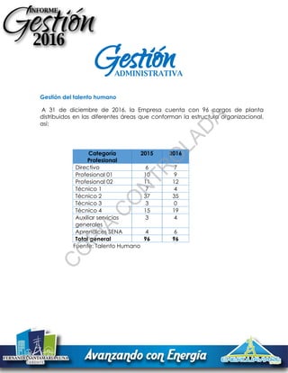Gestión del talento humano
A 31 de diciembre de 2016, la Empresa cuenta con 96 cargos de planta
distribuidos en las diferentes áreas que conforman la estructura organizacional,
así:
Categoría
Profesional
2015 2016
Directivo 6 7
Profesional 01 10 9
Profesional 02 11 12
Técnico 1 7 4
Técnico 2 37 35
Técnico 3 3 0
Técnico 4 15 19
Auxiliar servicios
generales
3 4
Aprendices SENA 4 6
Total general 96 96
Fuente: Talento Humano
GestiónADMINISTRATIVAC
O
PIA
C
O
N
TR
O
LAD
A
 