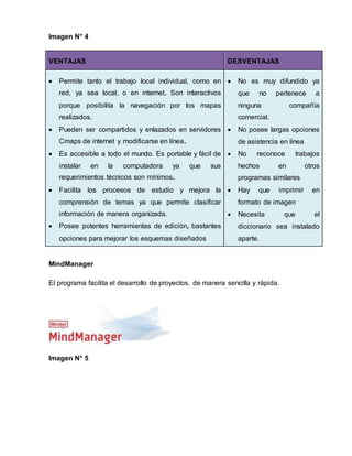 Imagen N° 4 
VENTAJAS DESVENTAJAS 
 Permite tanto el trabajo local individual, como en 
red, ya sea local, o en internet. Son interactivos 
porque posibilita la navegación por los mapas 
realizados. 
 Pueden ser compartidos y enlazados en servidores 
Cmaps de internet y modificarse en línea. 
 Es accesible a todo el mundo. Es portable y fácil de 
instalar en la computadora ya que sus 
requerimientos técnicos son mínimos. 
 Facilita los procesos de estudio y mejora la 
comprensión de temas ya que permite clasificar 
información de manera organizada. 
 Posee potentes herramientas de edición, bastantes 
opciones para mejorar los esquemas diseñados 
 No es muy difundido ya 
que no pertenece a 
ninguna compañía 
comercial. 
 No posee largas opciones 
de asistencia en línea 
 No reconoce trabajos 
hechos en otros 
programas similares 
 Hay que imprimir en 
formato de imagen 
 Necesita que el 
diccionario sea instalado 
aparte. 
MindManager 
El programa facilita el desarrollo de proyectos, de manera sencilla y rápida. 
Imagen N° 5 
 