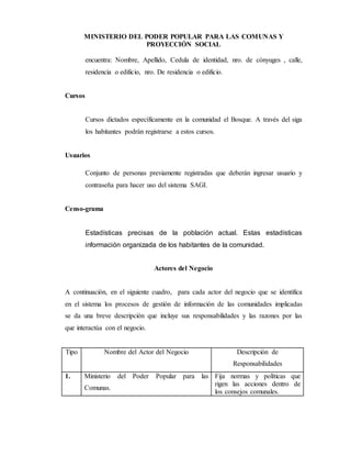 MINISTERIO DEL PODER POPULAR PARA LAS COMUNAS Y
PROYECCIÓN SOCIAL
encuentra: Nombre, Apellido, Cedula de identidad, nro. de cónyuges , calle,
residencia o edificio, nro. De residencia o edificio.
Cursos
Cursos dictados específicamente en la comunidad el Bosque. A través del siga
los habitantes podrán registrarse a estos cursos.
Usuarios
Conjunto de personas previamente registradas que deberán ingresar usuario y
contraseña para hacer uso del sistema SAGI.
Censo-grama
Estadísticas precisas de la población actual. Estas estadísticas
información organizada de los habitantes de la comunidad.
Actores del Negocio
A continuación, en el siguiente cuadro, para cada actor del negocio que se identifica
en el sistema los procesos de gestión de información de las comunidades implicadas
se da una breve descripción que incluye sus responsabilidades y las razones por las
que interactúa con el negocio.
Tipo Nombre del Actor del Negocio Descripción de
Responsabilidades
1. Ministerio del Poder Popular para las
Comunas.
Fija normas y políticas que
rigen las acciones dentro de
los consejos comunales.
 