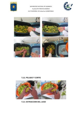 UNIVERSIDAD NACIONAL DE CAJAMARCA
Facultad DE CIENCIAS AGRARIAS
E.A.P INGENIERIA EN Industrias ALIMENTARIAS
7.2.2. PELADO Y CORTE
7.2.3. EXTRACCION DEL JUGO
 