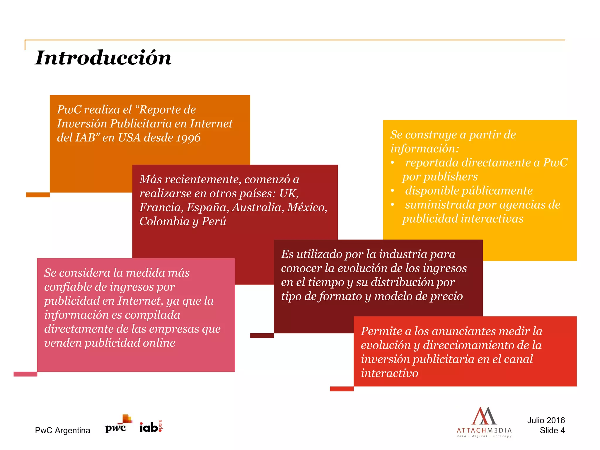 PwC Argentina
Introducción
Julio 2016
Slide 4
PwC realiza el “Reporte de
Inversión Publicitaria en Internet
del IAB” en USA desde 1996 Se construye a partir de
información:
• reportada directamente a PwC
por publishers
• disponible públicamente
• suministrada por agencias de
publicidad interactivas
Más recientemente, comenzó a
realizarse en otros países: UK,
Francia, España, Australia, México,
Colombia y Perú
Es utilizado por la industria para
conocer la evolución de los ingresos
en el tiempo y su distribución por
tipo de formato y modelo de precio
Se considera la medida más
confiable de ingresos por
publicidad en Internet, ya que la
información es compilada
directamente de las empresas que
venden publicidad online
Permite a los anunciantes medir la
evolución y direccionamiento de la
inversión publicitaria en el canal
interactivo
 