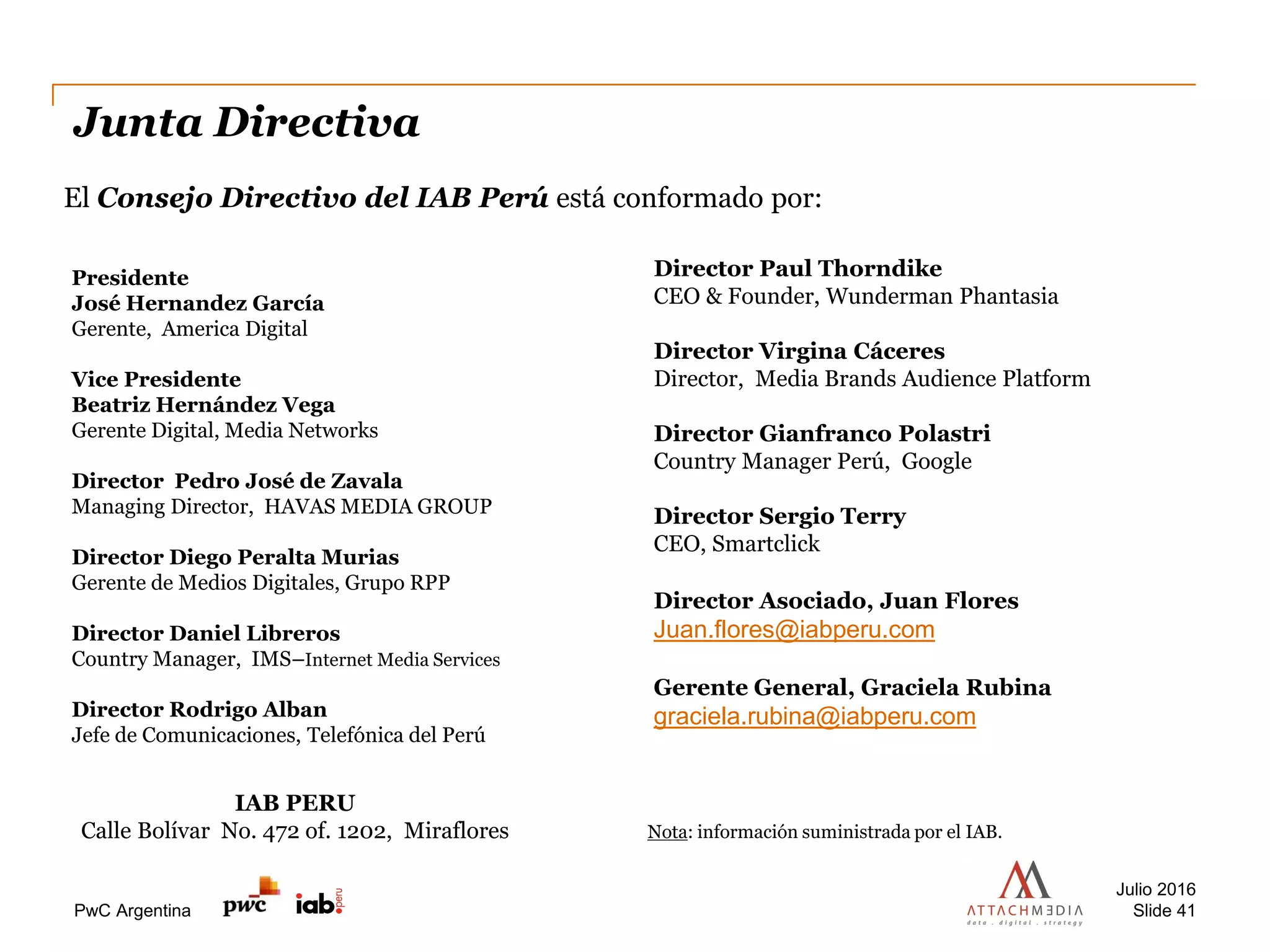 PwC Argentina
Junta Directiva
El Consejo Directivo del IAB Perú está conformado por:
Presidente
José Hernandez García
Gerente, America Digital
Vice Presidente
Beatriz Hernández Vega
Gerente Digital, Media Networks
Director Pedro José de Zavala
Managing Director, HAVAS MEDIA GROUP
Director Diego Peralta Murias
Gerente de Medios Digitales, Grupo RPP
Director Daniel Libreros
Country Manager, IMS–Internet Media Services
Director Rodrigo Alban
Jefe de Comunicaciones, Telefónica del Perú
IAB PERU
Calle Bolívar No. 472 of. 1202, Miraflores Nota: información suministrada por el IAB.
Director Paul Thorndike
CEO & Founder, Wunderman Phantasia
Director Virgina Cáceres
Director, Media Brands Audience Platform
Director Gianfranco Polastri
Country Manager Perú, Google
Director Sergio Terry
CEO, Smartclick
Director Asociado, Juan Flores
Juan.flores@iabperu.com
Gerente General, Graciela Rubina
graciela.rubina@iabperu.com
Julio 2016
Slide 41
 