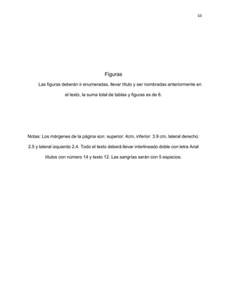 10
Figuras
Las figuras deberán ir enumeradas, llevar título y ser nombradas anteriormente en
el texto, la suma total de tablas y figuras es de 6.
Notas: Los márgenes de la página son: superior: 4cm, inferior: 3.9 cm, lateral derecho:
2.5 y lateral izquierdo 2.4. Todo el texto deberá llevar interlineado doble con letra Arial
títulos con número 14 y texto 12. Las sangrías serán con 5 espacios.
 
