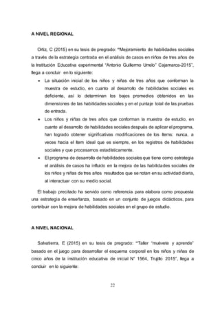 22
A NIVEL REGIONAL
Ortiz, C (2015) en su tesis de pregrado: “Mejoramiento de habilidades sociales
a través de la estrategia centrada en el análisis de casos en niños de tres años de
la Institución Educativa experimental “Antonio Guillermo Urrelo” Cajamarca-2015”,
llega a concluir en lo siguiente:
 La situación inicial de los niños y niñas de tres años que conforman la
muestra de estudio, en cuanto al desarrollo de habilidades sociales es
deficiente, así lo determinan los bajos promedios obtenidos en las
dimensiones de las habilidades sociales y en el puntaje total de las pruebas
de entrada.
 Los niños y niñas de tres años que conforman la muestra de estudio, en
cuanto al desarrollo de habilidades sociales después de aplicar el programa,
han logrado obtener significativas modificaciones de los ítems: nunca, a
veces hacia el ítem ideal que es siempre, en los registros de habilidades
sociales y que procesamos estadísticamente.
 El programa de desarrollo de habilidades sociales que tiene como estrategia
el análisis de casos ha influido en la mejora de las habilidades sociales de
los niños y niñas de tres años resultados que se notan en su actividad diaria,
al interactuar con su medio social.
El trabajo precitado ha servido como referencia para elabora como propuesta
una estrategia de enseñanza, basado en un conjunto de juegos didácticos, para
contribuir con la mejora de habilidades sociales en el grupo de estudio.
A NIVEL NACIONAL
Salvatierra, E (2015) en su tesis de pregrado: “Taller “muévete y aprende”
basado en el juego para desarrollar el esquema corporal en los niños y niñas de
cinco años de la institución educativa de inicial N° 1564, Trujillo 2015”, llega a
concluir en lo siguiente:
 