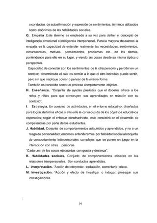 39
a conductas de autoafirmación y expresión de sentimientos, términos utilizados
como sinónimos de las habilidades sociales.
G. Empatía .Este término es empleado a su vez para definir el concepto de
inteligencia emocional e inteligencia interpersonal. Para la mayoría de autores la
empatía es la capacidad de entender realmente las necesidades, sentimientos,
circunstancias, motivos, pensamientos, problemas etc., de los demás,
poniéndonos para ello en su lugar, y viendo las cosas desde su misma óptica o
perspectiva.
Capacidad de conectar con los sentimientos de la otra persona y percibir en un
contexto determinado el cual es común a lo que el otro individuo puede sentir,
pero sin que implique opinar o pensar de la misma forma
También es conocido como un proceso completamente objetivo.
H. Enseñanza. “Conjunto de ayudas previstas que el docente ofrece a los
niños y niñas para que construyan sus aprendizajes en relación con su
contexto”,
I. Estrategia. Un conjunto de actividades, en el entorno educativo, diseñadas
para lograr de forma eficaz y eficiente la consecución de los objetivos educativos
esperados; según el enfoque constructivista, esto consistirá en el desarrollo de
competencias por parte de los estudiantes.
J. Habilidad. Conjunto de comportamientos adquiridos y aprendidos, y no a un
rasgo de personalidad; entonces entenderemos por habilidad social al conjunto
de comportamiento interpersonales complejos que se ponen un juego en la
interacción con otras personas.
“Cada una de las cosas ejecutadas con gracia y destreza”.
K. Habilidades sociales. Conjunto de comportamientos eficaces en las
relaciones interpersonales. Son conductas aprendidas.
L. Interpretación. “Acción de interpretar, traducción, comentario crítico.
M. Investigación. “Acción y efecto de investigar o indagar, proseguir sus
investigaciones.
:
 