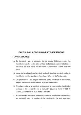 64
CAPÍTULO VI: CONCLUSIONES Y SUGERENCIAS
1. CONCLUSIONES
A. Se demostró que la aplicación de los juegos didácticos, mejoró las
habilidades sociales en los niños y niñas de 5 años de edad en la Institución
Educativa del Nivel Inicial 328 del distrito y provincia de Cutervo en el año
2016.
B. Luego de la aplicación del pre test, se logró identificar un nivel medio de
habilidades sociales que tienen los niños y niñas de 5 años de edad.
C. La aplicación de los juegos didácticos, como estrategia de enseñanza,
mejoró las habilidades sociales en el grupo de referencia.
D. Al evaluar mediante un post test, se determinó la mejora de las habilidades
sociales en los educandos de la Institución Educativa Inicial N° 328 de
Cutervo, pasando de un nivel medio a otro alto.
E. Al comparar los resultados del estudio, mediante el análisis e interpretación
se comprobó que el objetivo de la investigación ha sido alcanzado
 