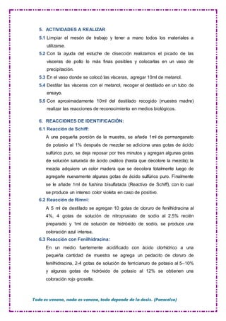 Todo es veneno, nada es veneno, todo depende de la dosis. (Paracelso)
5. ACTIVIDADES A REALIZAR
5.1 Limpiar el mesón de trabajo y tener a mano todos los materiales a
utilizarse.
5.2 Con la ayuda del estuche de disección realizamos el picado de las
vísceras de pollo lo más finas posibles y colocarlas en un vaso de
precipitación.
5.3 En el vaso donde se colocó las vísceras, agregar 10ml de metanol.
5.4 Destilar las vísceras con el metanol, recoger el destilado en un tubo de
ensayo.
5.5 Con aproximadamente 10ml del destilado recogido (muestra madre)
realizar las reacciones de reconocimiento en medios biológicos.
6. REACCIONES DE IDENTIFICACIÓN:
6.1 Reacción de Schiff:
A una pequeña porción de la muestra, se añade 1ml de permanganato
de potasio al 1% después de mezclar se adiciona unas gotas de ácido
sulfúrico puro, se deja reposar por tres minutos y agregan algunas gotas
de solución saturada de ácido oxálico (hasta que decolore la mezcla); la
mezcla adquiere un color madera que se decolora totalmente luego de
agregarle nuevamente algunas gotas de ácido sulfúrico puro. Finalmente
se le añade 1ml de fushina bisulfatada (Reactivo de Schiff), con lo cual
se produce un intenso color violeta en caso de positivo.
6.2 Reacción de Rimni:
A 5 ml de destilado se agregan 10 gotas de cloruro de fenilhidracina al
4%, 4 gotas de solución de nitroprusiato de sodio al 2.5% recién
preparado y 1ml de solución de hidróxido de sodio, se produce una
coloración azul intensa.
6.3 Reacción con Fenilhidracina:
En un medio fuertemente acidificado con ácido clorhídrico a una
pequeña cantidad de muestra se agrega un pedacito de cloruro de
fenilhidracina, 2-4 gotas de solución de ferricianuro de potasio al 5–10%
y algunas gotas de hidróxido de potasio al 12% se obtienen una
coloración rojo grosella.
 
