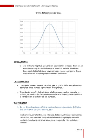 5 Informe de laboratorio de física N° 1: Errores y mediciones
2016-2
Gráfica de la campana de Gauss
CONCLUSIONES
1. Si se mide una magnitud que varía con las diferentes tomas de datos con los
mismos criterios y en un mismo espacio muestral, a mayor número de
datos recolectados habrá una mayor certeza o menor error acerca de una
nueva medición realizada posteriormente a los cálculos.
OBSERVACIONES
a. Los frijoles son de diversos tamaños, por lo que la variación del número
de frijoles entre puñado y puñado es muy grande.
b. Además del tamaño de los frijoles, al elegir como medida estándar un
puñado, se tendrá otro factor que aumentaría la incertidumbre debido a
la variación en el tamaño de los puñados.
CUESTIONARIO
1. En vez de medir puñados, ¿Podría medirse el número de puñados de frijoles
que caben en un vaso, una cuchara, etc?
Efectivamente, sería lo ideal para este caso, dado que, al recoger las muestras
con un vaso, una cuchara o cualquier otro contenedor rígido y de volumen
constante, habría una menor variación entre el promedio y las cantidades
tomadas.
 