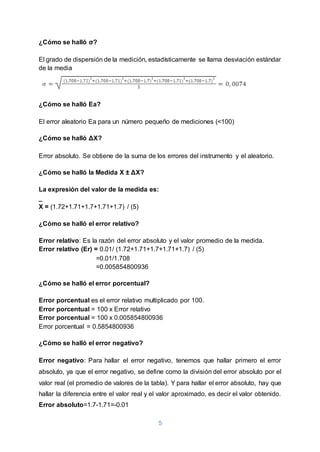 5
¿Cómo se halló σ?
El grado de dispersión de la medición, estadísticamente se llama desviación estándar
de la media
¿Cómo se halló Ea?
El error aleatorio Ea para un número pequeño de mediciones (<100)
¿Cómo se halló ΔX?
Error absoluto. Se obtiene de la suma de los errores del instrumento y el aleatorio.
¿Cómo se halló la Medida X ± ΔX?
La expresión del valor de la medida es:
_
X = (1.72+1.71+1.7+1.71+1.7) / (5)
¿Cómo se halló el error relativo?
Error relativo: Es la razón del error absoluto y el valor promedio de la medida.
Error relativo (Er) = 0.01/ (1.72+1.71+1.7+1.71+1.7) / (5)
=0.01/1.708
=0.005854800936
¿Cómo se halló el error porcentual?
Error porcentual es el error relativo multiplicado por 100.
Error porcentual = 100 x Error relativo
Error porcentual = 100 x 0.005854800936
Error porcentual = 0.5854800936
¿Cómo se halló el error negativo?
Error negativo: Para hallar el error negativo, tenemos que hallar primero el error
absoluto, ya que el error negativo, se define como la división del error absoluto por el
valor real (el promedio de valores de la tabla). Y para hallar el error absoluto, hay que
hallar la diferencia entre el valor real y el valor aproximado, es decir el valor obtenido.
Error absoluto=1.7-1.71=-0.01
 