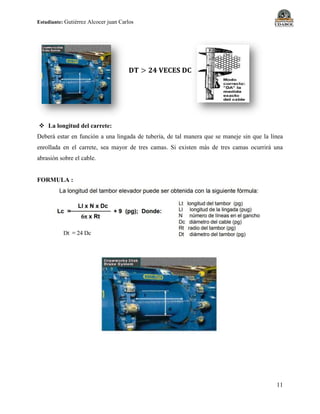 Estudiante: Gutiérrez Alcocer juan Carlos
11
 La longitud del carrete:
Deberá estar en función a una lingada de tubería, de tal manera que se maneje sin que la línea
enrollada en el carrete, sea mayor de tres camas. Si existen más de tres camas ocurrirá una
abrasión sobre el cable.
FORMULA :
 