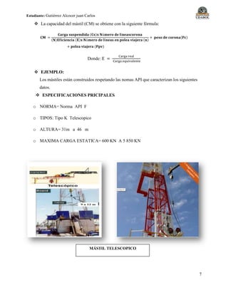 Estudiante: Gutiérrez Alcocer juan Carlos
7
 La capacidad del mástil (CM) se obtiene con la siguiente fórmula:
( )
( ) ( ) ( )
( )
( )
Donde:
 EJEMPLO:
Los mástiles están construidos respetando las nomas API que caracterizan los siguientes
datos.
 ESPECIFICACIONES PRICIPALES
o NORMA= Norma API F
o TIPOS: Tipo K Telescopico
o ALTURA= 31m a 46 m
o MAXIMA CARGA ESTATICA= 600 KN A 5 850 KN
MÁSTIL TELESCOPICO
 