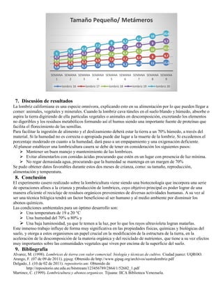 7. Discusión de resultados
La lombriz californiana es una especie omnívora, explicando esto en su alimentación por lo que pueden llegar a
comer: animales, vegetales y minerales. Cuando la lombriz cava túneles en el suelo blando y húmedo, absorbe o
aspira la tierra digiriendo de ella partículas vegetales o animales en descomposición, excretando los elementos
no digeribles y los residuos metabólicos formando así el humus siendo una importante fuente de proteínas que
facilita el florecimiento de las semillas.
Para facilitar la ingestión de alimento y el deslizamiento deberá estar la tierra a un 70% húmedo, a través del
material. Si la humedad no es correcta o apropiada puede dar lugar a la muerte de la lombriz. Si excedemos el
porcentaje moderado en cuanto a la humedad, dará paso a un empapamiento y una oxigenación deficiente.
Al planear establecer una lombricultura casera se debe de tener en consideración los siguientes pasos:
 Mantener un buen manejo y mantenimiento de las lombrices.
 Evitar alimentarlos con comidas ácidas procurando que estén en un lugar con presencia de luz mínima.
 No regar demasiada agua, procurando que la humedad se mantenga en un margen de 70%
Se pudo obtener datos favorables durante estos dos meses de crianza, como: su tamaño, reproducción,
alimentación y temperatura.
8. Conclusión
El experimento casero realizado sobre la lombricultura viene siendo una biotecnología que incorpora una serie
de operaciones afines a la crianza y producción de lombrices, cuyo objetivo principal es poder lograr de una
manera eficiente el reciclaje de residuos orgánicos provenientes de diversas actividades humanas. A su vez al
ser una técnica bilógica tendrá un factor beneficioso al ser humano y al medio ambiente por disminuir los
abonos químicos.
Las condiciones ambientales para un óptimo desarrollo son:
 Una temperatura de 19 a 20 °C
 Una humedad del 70% u 80% y
 Una baja luminosidad, ya que le temen a la luz, por lo que los rayos ultravioleta logran matarlas.
Este inmenso trabajo influye de forma muy significativa en las propiedades físicas, químicas y biológicas del
suelo, y otorga a estos organismos un papel crucial en la modificación de la estructura de la tierra, en la
aceleración de la descomposición de la materia orgánica y del reciclado de nutrientes, que tiene a su vez efectos
muy importantes sobre las comunidades vegetales que viven por encima de la superficie del suelo.
9. Bibliografía
Alvarez, M. (1998). Lombrices de tierra con valor comercial: biología y técnicas de cultivo. Ciudad juarez: UQROO.
Arango, F. (07 de 09 de 2011). gipag. Obtenido de http://www.gipag.org/archivos/sustralombriz.pdf
Delgado, J. (10 de 02 de 2011). repositorio.ute. Obtenido de
http://repositorio.ute.edu.ec/bitstream/123456789/2864/1/52682_1.pdf
Martinez, C. (1999). Lombricultura y abonos organicos. Tijuana: IICA Biblioteca Venezuela.
5,6 6,3 6,7 7,9 8,5 9,2 10,3 11 11,6
4,7 5,4 6,1 6,9 7,6 7,7 8,4 9 9,7
4,6 5,2 6,1
6,9 7,6 8,4
9,1 10 10,8
4,7
5,4
6,1
6,9
7,6 7,7
8,4
9
9,7
5
5,7
6,4
7,3
8
8,7
9,4
10
10,8
SEMANA
1
SEMANA
2
SEMANA
3
SEMANA
4
SEMANA
5
SEMANA
6
SEMANA
7
SEMANA
8
SEMANA
9
Tamaño Pequeño/ Metámeros
lombriz 16 lombriz 17 lombriz 18 lombriz 19 lombriz 20
 