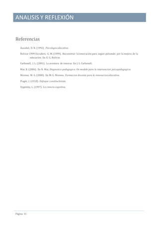ANALISIS Y REFLEXIÓN
Pagina 11
Referencias
Ausubel, D. N. (1992). Psicologia educativa.
Bolivar 1999 Escudero, G. M. (1999). Reconstruir la innovacion para seguir peleando por la mejora de la
educacion. En E. G. Bolivar.
Carbonell, J. L. (2001). La aventura de innovar. En J. L. Carbonell.
Mar, R. (2006). En R. Mar, Diagnotico pedagogico. Un modelo para la intervencion psicopedagogica.
Moreno, M. G. (2000). En M. G. Moreno, Formacion docente para la innovacion educativa.
Piaget, J. (1918). Enfoque constructivista.
Vygotsky, L. (1997). La ciencia cognitiva.
 