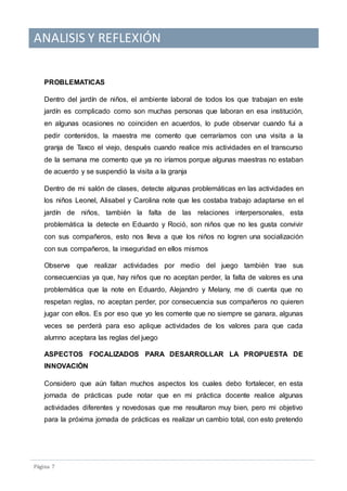 ANALISIS Y REFLEXIÓN
Pagina 7
PROBLEMATICAS
Dentro del jardín de niños, el ambiente laboral de todos los que trabajan en este
jardín es complicado como son muchas personas que laboran en esa institución,
en algunas ocasiones no coinciden en acuerdos, lo pude observar cuando fui a
pedir contenidos, la maestra me comento que cerraríamos con una visita a la
granja de Taxco el viejo, después cuando realice mis actividades en el transcurso
de la semana me comento que ya no iríamos porque algunas maestras no estaban
de acuerdo y se suspendió la visita a la granja
Dentro de mi salón de clases, detecte algunas problemáticas en las actividades en
los niños Leonel, Alisabel y Carolina note que les costaba trabajo adaptarse en el
jardín de niños, también la falta de las relaciones interpersonales, esta
problemática la detecte en Eduardo y Roció, son niños que no les gusta convivir
con sus compañeros, esto nos lleva a que los niños no logren una socialización
con sus compañeros, la inseguridad en ellos mismos
Observe que realizar actividades por medio del juego también trae sus
consecuencias ya que, hay niños que no aceptan perder, la falta de valores es una
problemática que la note en Eduardo, Alejandro y Melany, me di cuenta que no
respetan reglas, no aceptan perder, por consecuencia sus compañeros no quieren
jugar con ellos. Es por eso que yo les comente que no siempre se ganara, algunas
veces se perderá para eso aplique actividades de los valores para que cada
alumno aceptara las reglas del juego
ASPECTOS FOCALIZADOS PARA DESARROLLAR LA PROPUESTA DE
INNOVACIÓN
Considero que aún faltan muchos aspectos los cuales debo fortalecer, en esta
jornada de prácticas pude notar que en mi práctica docente realice algunas
actividades diferentes y novedosas que me resultaron muy bien, pero mi objetivo
para la próxima jornada de prácticas es realizar un cambio total, con esto pretendo
 