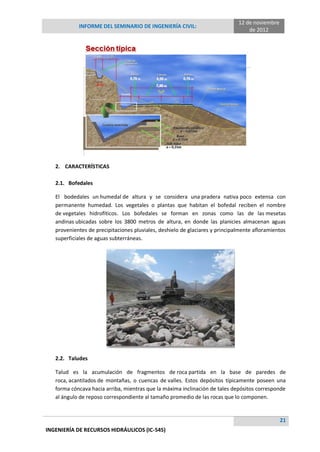 12 de noviembre
            INFORME DEL SEMINARIO DE INGENIERÍA CIVIL:
                                                                                  de 2012




   2. CARACTERÍSTICAS

   2.1. Bofedales

   El bodedales un humedal de altura y se considera una pradera nativa poco extensa con
   permanente humedad. Los vegetales o plantas que habitan el bofedal reciben el nombre
   de vegetales hidrofíticos. Los bofedales se forman en zonas como las de las mesetas
   andinas ubicadas sobre los 3800 metros de altura, en donde las planicies almacenan aguas
   provenientes de precipitaciones pluviales, deshielo de glaciares y principalmente afloramientos
   superficiales de aguas subterráneas.




   2.2. Taludes

   Talud es la acumulación de fragmentos de roca partida en la base de paredes de
   roca, acantilados de montañas, o cuencas de valles. Estos depósitos típicamente poseen una
   forma cóncava hacia arriba, mientras que la máxima inclinación de tales depósitos corresponde
   al ángulo de reposo correspondiente al tamaño promedio de las rocas que lo componen.


                                                                                                21
INGENIERÍA DE RECURSOS HIDRÁULICOS (IC-545)
 