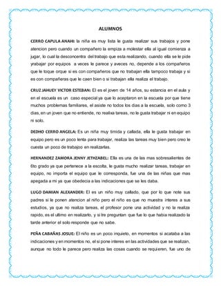 ALUMNOS
CERRO CAPULA ANAHI: la niña es muy lista le gusta realizar sus trabajos y pone
atencion pero cuando un compañero la empiza a molestar ella al igual comienza a
jugar, lo cual la desconcentra del trabajo que esta realizando, cuando ella se le pide
yrabajar por equipos a veces le parece y aveces no, depende a los compañeros
que le toque orque si es con compañeros que no trabajan ella tampoco trabaja y si
es con compañeras que le caen bien o si trabajan ella realiza el trabajo.
CRUZ JAHUEY VICTOR ESTEBAN: El es el joven de 14 años, su estancia en el aula y
en el escuela es un caso especial ya que lo aceptaron en la escuela por que tiene
muchos problemas familiares, el asiste no todos los dias a la escuela, solo como 3
dias, en un joven que no entiende, no realixa tareas, no le gusta trabajar ni en equipo
ni solo.
DEDHO CERRO ANGELA: Es un niña muy timida y callada, ella le gusta trabajar en
equipo pero es un poco lenta para trabajar, realiza las tareas muy bien pero creo le
cuesta un poco de trabajoo en realizarlas.
HERNANDEZ ZAMORA JENNY JETHZABEL: Ella es una de las mas sobresalientes de
6to grado ya que pertenece a la escolta, le gusta mucho realizar tareas, trabajar en
equipo, no importa el equipo que le corresponda, fue una de las niñas que mas
apegada a mi ya que obedecia a las indicaciones que se les daba.
LUGO DAMIAN ALEXANDER: El es un niño muy callado, que por lo que note sus
padres si le ponen atencion al niño pero el niño es que no muestra interes a sus
estudios, ya que no realiza tareas, el profesor pone una actividad y no la realiza
rapido, es el ultimo en realizarlo, y si lre preguntan que fue lo que habia realizado la
tarde anterior el solo responde que no sabe.
PEÑA CABAÑAS JOSUE: El niño es un poco inquieto, en momentos si acataba a las
indicaciones y en momentos no, el si pone interes en las actividades que se realizan,
aunque no todo le parece pero realiza las cosas cuando se requieren, fue uno de
 