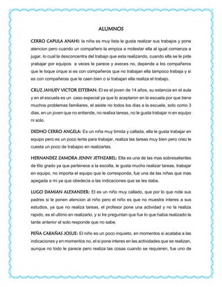 ALUMNOS
CERRO CAPULA ANAHI: la niña es muy lista le gusta realizar sus trabajos y pone
atencion pero cuando un compañero la empiza a molestar ella al igual comienza a
jugar, lo cual la desconcentra del trabajo que esta realizando, cuando ella se le pide
yrabajar por equipos a veces le parece y aveces no, depende a los compañeros
que le toque orque si es con compañeros que no trabajan ella tampoco trabaja y si
es con compañeras que le caen bien o si trabajan ella realiza el trabajo.
CRUZ JAHUEY VICTOR ESTEBAN: El es el joven de 14 años, su estancia en el aula
y en el escuela es un caso especial ya que lo aceptaron en la escuela por que tiene
muchos problemas familiares, el asiste no todos los dias a la escuela, solo como 3
dias, en un joven que no entiende, no realixa tareas, no le gusta trabajar ni en equipo
ni solo.
DEDHO CERRO ANGELA: Es un niña muy timida y callada, ella le gusta trabajar en
equipo pero es un poco lenta para trabajar, realiza las tareas muy bien pero creo le
cuesta un poco de trabajoo en realizarlas.
HERNANDEZ ZAMORA JENNY JETHZABEL: Ella es una de las mas sobresalientes
de 6to grado ya que pertenece a la escolta, le gusta mucho realizar tareas, trabajar
en equipo, no importa el equipo que le corresponda, fue una de las niñas que mas
apegada a mi ya que obedecia a las indicaciones que se les daba.
LUGO DAMIAN ALEXANDER: El es un niño muy callado, que por lo que note sus
padres si le ponen atencion al niño pero el niño es que no muestra interes a sus
estudios, ya que no realiza tareas, el profesor pone una actividad y no la realiza
rapido, es el ultimo en realizarlo, y si lre preguntan que fue lo que habia realizado la
tarde anterior el solo responde que no sabe.
PEÑA CABAÑAS JOSUE: El niño es un poco inquieto, en momentos si acataba a las
indicaciones y en momentos no, el si pone interes en las actividades que se realizan,
aunque no todo le parece pero realiza las cosas cuando se requieren, fue uno de
 