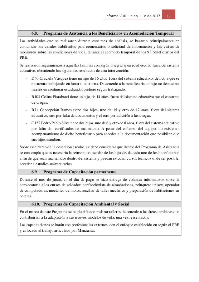 Informe De La Ventanilla Unica De Reasentamiento Junio Julio 2017