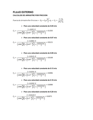 FLUJO EXTERNO
CALCULOS DE ARRASTRE POR FRICCION
 Para una velocidad constante de 0.05 m/s
 Para una velocidad constante de 0.07 m/s
 Para una velocidad constante de 0.09 m/s
 Para una velocidad constante de 0.13 m/s
 Para una velocidad constante de 0.16 m/s
 Para una velocidad constante de 0.20 m/s
 