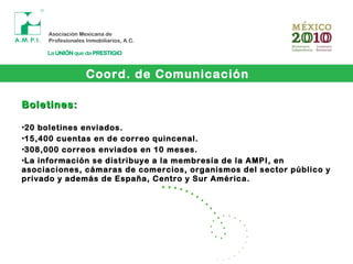 Coord. de Comunicación
Boletines:Boletines:
•20 boletines enviados.
•15,400 cuentas en de correo quincenal.
•308,000 correos enviados en 10 meses.
•La información se distribuye a la membresía de la AMPI, en
asociaciones, cámaras de comercios, organismos del sector público y
privado y además de España, Centro y Sur América.
 