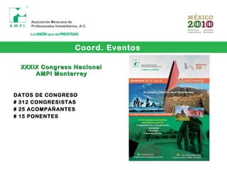 Coord. Eventos
XXXIX Congreso NacionalXXXIX Congreso Nacional
AMPI MonterreyAMPI Monterrey
DATOS DE CONGRESO
# 312 CONGRESISTAS
# 25 ACOMPAÑANTES
# 15 PONENTES
 