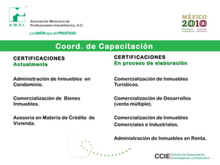 Coord. de Capacitación
CERTIFICACIONES
ActualmenteActualmente
Administración de Inmuebles en
Condominio.
Comercialización de Bienes
Inmuebles.
Asesoría en Materia de Crédito de
Vivienda.
CERTIFICACIONES
En proceso de elaboraciónEn proceso de elaboración
Comercialización de Inmuebles
Turísticos.
Comercialización de Desarrollos
(venta múltiple).
Comercialización de Inmuebles
Comerciales e Industriales.
Administración de Inmuebles en Renta.
 