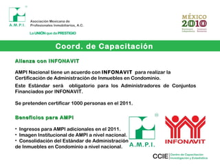 Coord. de Capacitación
Alianza con INFONAVITAlianza con INFONAVIT
Este Estándar será obligatorio para los Administradores de Conjuntos
Financiados por INFONAVIT.
Se pretenden certificar 1000 personas en el 2011.
Beneficios para AMPIBeneficios para AMPI
• Ingresos para AMPI adicionales en el 2011.
• Imagen Institucional de AMPI a nivel nacional.
• Consolidación del Estándar de Administración
de Inmuebles en Condominio a nivel nacional.
AMPI Nacional tiene un acuerdo con INFONAVIT para realizar la
Certificación de Administración de Inmuebles en Condominio.
 
