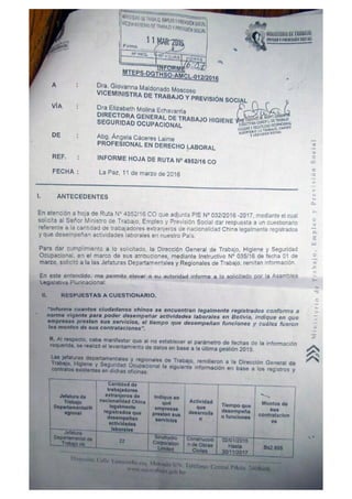 Informe del Ministerio de Trabajo sobre trabajadores chinos