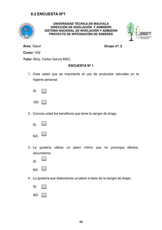 8.2 ENCUESTA Nº1
UNIVERSIDAD TÈCNICA DE MACHALA
DIRECCIÓN DE NIVELACIÓN Y ADMISIÓN
SISTEMA NACIONAL DE NIVELACIÓN Y ADMISIÒN
PROYECTO DE INTEGRACIÓN DE SABERES

Área: Salud

Grupo nº: 2

Curso: V02
Tutor: Bioq. Carlos García MSC.
ENCUESTA Nº 1
1. Cree usted que es importante el uso de productos naturales en la
higiene personal.

SI

NO

2. Conoce usted los beneficios que tiene la sangre de drago.

SI

NO

3. Le gustaría utilizar un jabon íntimo que no provoque efectos.
secundarios.
SI
NO
4. Le gustaría que elaboremos un jabon a base de la sangre de drago.
SI
NO

66

 
