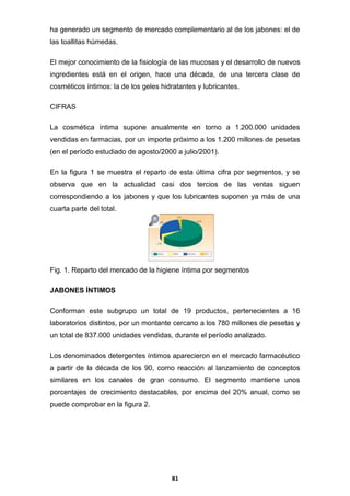 ha generado un segmento de mercado complementario al de los jabones: el de
las toallitas húmedas.
El mejor conocimiento de la fisiología de las mucosas y el desarrollo de nuevos
ingredientes está en el origen, hace una década, de una tercera clase de
cosméticos íntimos: la de los geles hidratantes y lubricantes.
CIFRAS
La cosmética íntima supone anualmente en torno a 1.200.000 unidades
vendidas en farmacias, por un importe próximo a los 1.200 millones de pesetas
(en el período estudiado de agosto/2000 a julio/2001).
En la figura 1 se muestra el reparto de esta última cifra por segmentos, y se
observa que en la actualidad casi dos tercios de las ventas siguen
correspondiendo a los jabones y que los lubricantes suponen ya más de una
cuarta parte del total.

Fig. 1. Reparto del mercado de la higiene íntima por segmentos
JABONES ÍNTIMOS
Conforman este subgrupo un total de 19 productos, pertenecientes a 16
laboratorios distintos, por un montante cercano a los 780 millones de pesetas y
un total de 837.000 unidades vendidas, durante el período analizado.
Los denominados detergentes íntimos aparecieron en el mercado farmacéutico
a partir de la década de los 90, como reacción al lanzamiento de conceptos
similares en los canales de gran consumo. El segmento mantiene unos
porcentajes de crecimiento destacables, por encima del 20% anual, como se
puede comprobar en la figura 2.

81

 