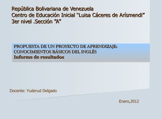 República Bolivariana de Venezuela Centro de Educación Inicial “Luisa Cáceres de Arísmendi” 3er nivel .Sección ”A” PROPUESTA DE UN PROYECTO DE APRENDIZAJE: CONOCIMIENTOS BÁSICOS DEL INGLÉS  Informe de resultados Docente: Yuderud Delgado Enero,2012 