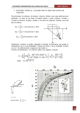 [ESFUERZOS TRANSMITIDOS EN LA MASA DEL SUELO] MEC. SUELOS II
17
3. ESFUERZO VERTICAL CAUSADO POR UN ÁREA RECTANGULAR
CARGADA
Para determinar las adiciones de tensiones verticales debidas a una carga uniformemente
distribuida a lo largo de una franja de longitud infinita y ancho constante, Terzaghi y
Carothers resolvieron el grafico continuo y nos dieron las siguientes fórmulas para cada
tipo de esfuerzo:
∆𝜎𝑥 =
𝑞
𝜋
(𝛼 − 𝑆𝑒𝑛(𝛼)Cos(𝛼 + 2𝛽))
∆𝜎𝑧 =
𝑞
𝜋
(𝛼 + 𝑆𝑒𝑛(𝛼)Cos(𝛼 + 2𝛽))
∆𝜏 𝑧𝑥 =
𝑞
𝜋
(𝑆𝑒𝑛(𝛼)Sen(𝛼+ 2𝛽))
Steinbrenner construyó un gráfico integrando la fórmula de Boussinesq que permite la
determinación de σz a una profundidad z debajo del vértice A de un rectángulo de lados
a y b (a > b), uniformemente cargado por una tensión p.
El ábaco de Streinbrenner es la solución gráfica de la siguiente ecuación:
 