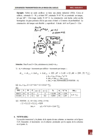 [ESFUERZOS TRANSMITIDOS EN LA MASA DEL SUELO] MEC. SUELOS II
31
Ejemplo: Sobre un suelo arcilloso se tiene una planta industrial (FIG). Cerca al
edificio, orientado E – W, y al túnel PP’, orientado N 45° W, se construirá un tanque,
tal que QP = 12m tenga rumbo N 45° E. La cimentación está hecha sobre arcilla
homogénea de gran potencia (H) la que cruza el túnel a 12 metros de profundidad. La
cimentación del tanque será flexible y superficial. Calcule ∆σV en P para Z = 12m
4. NEWMARK:
La sección transversal y la planta de la zapata de una columna se muestran en la figura
5.25. Encuentre el incremento en el esfuerzo producido por la zapata de la columna
en el punto A.
 