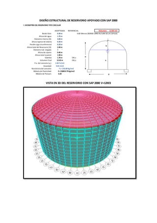 DISEÑO ESTRUCTURAL DE RESERVORIO APOYADO CON SAP 2000
VISTA EN 3D DEL RESERVORIO CON SAP 2000 V=12M3
I. GEOMETRÍA DEL RESERVORIO TIPO CIRCULAR
ADOPTADOS REFERENCIAL Volumen: 12.00 m3
Borde libre: 0.30 m 0.60 Mínimo (BORDE LIBRE+ALTURA DE LA CÚPULA)
Altura del agua: 1.70 m 1.30
Diámetro interno (D): 3.00 m 3.40
Altura ingreso de tubería 0.20 m
Peralte viga circunferencial 0.20 m
Altura total del Reservorio (H): 2.40 m
Diámetro tub. Llegada: 3 ''
Altura de cúpula: 0.40 m
Altura total la pared: 1.90 m
Esbeltez 1.76 m OK¡¡¡
Volumen Final 12.02 m OK¡¡¡
P.e. del concreto (γc): 2.40 Tn/m3
Gravedad: 9.81 m/s2
Resistencia del concreto:
Módulo de Elasticidad:
Módulo de Poisson: 0.20
f'c= 210.00 Kg/cm2
E= 218819.79 Kg/cm2
b
h
D
H
 