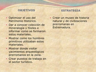 OBJETIVOS                       ESTRATEGIA

 Optimizar el uso del             Crear un museo de historia
    Patrimonio Histórico.           natural y de civilizaciones
   Dar a conocer colección de      prerromanas en
    mineralogía y fósiles e         Extremadura.
    informar como se formaron
    estos materiales.
   Mostrar como los hombres
    primitivos utilizaban estos
    materiales.
   Mostrar donde visitar
    yacimientos arqueológicos
    prerromanos en la zona.
   Crear puestos de trabajo en
    el sector turístico.
 