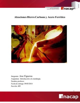 1
Aleaciones Hierro Carbono y Acero Ferrítico
Integrante: Jose Figueroa
Asignatura: Introducción a la metalurgia.
Nombre profesor:
Fecha de entrega: 09/05/2014
Sección: 409
 