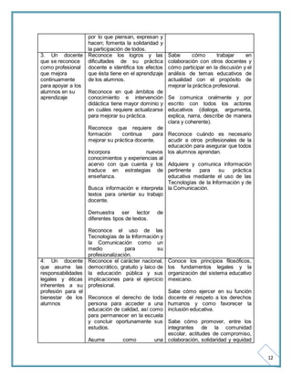 12 
por lo que piensan, expresan y 
hacen; fomenta la solidaridad y 
la participación de todos. 
3. Un docente 
que se reconoce 
como profesional 
que mejora 
continuamente 
para apoyar a los 
alumnos en su 
aprendizaje 
Reconoce los logros y las 
dificultades de su práctica 
docente e identifica los efectos 
que ésta tiene en el aprendizaje 
de los alumnos. 
Reconoce en qué ámbitos de 
conocimiento e intervención 
didáctica tiene mayor dominio y 
en cuáles requiere actualizarse 
para mejorar su práctica. 
Reconoce que requiere de 
formación continua para 
mejorar su práctica docente. 
Incorpora nuevos 
conocimientos y experiencias al 
acervo con que cuenta y los 
traduce en estrategias de 
enseñanza. 
Busca información e interpreta 
textos para orientar su trabajo 
docente. 
Demuestra ser lector de 
diferentes tipos de textos. 
Reconoce el uso de las 
Tecnologías de la Información y 
la Comunicación como un 
medio para su 
profesionalización. 
Sabe cómo trabajar en 
colaboración con otros docentes y 
cómo participar en la discusión y el 
análisis de temas educativos de 
actualidad con el propósito de 
mejorar la práctica profesional. 
Se comunica oralmente y por 
escrito con todos los actores 
educativos (dialoga, argumenta, 
explica, narra, describe de manera 
clara y coherente). 
Reconoce cuándo es necesario 
acudir a otros profesionales de la 
educación para asegurar que todos 
los alumnos aprendan. 
Adquiere y comunica información 
pertinente para su práctica 
educativa mediante el uso de las 
Tecnologías de la Información y de 
la Comunicación. 
4: Un docente 
que asume las 
responsabilidades 
legales y éticas 
inherentes a su 
profesión para el 
bienestar de los 
alumnos 
Reconoce el carácter nacional, 
democrático, gratuito y laico de 
la educación pública y sus 
implicaciones para el ejercicio 
profesional. 
Reconoce el derecho de toda 
persona para acceder a una 
educación de calidad, así como 
para permanecer en la escuela 
y concluir oportunamente sus 
estudios. 
Asume como una 
Conoce los principios filosóficos, 
los fundamentos legales y la 
organización del sistema educativo 
mexicano. 
Sabe cómo ejercer en su función 
docente el respeto a los derechos 
humanos y como favorecer la 
inclusión educativa. 
Sabe cómo promover, entre los 
integrantes de la comunidad 
escolar, actitudes de compromiso, 
colaboración, solidaridad y equidad 
 