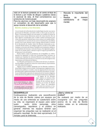 31 
visto en la lectura poniendo en el centro el titulo de 
la lectura y por medio de dibujos o palabras claves 
lo esencial de ésta. Al final comentaremos sus 
productos de manera grupal. 
Para los alumnos con bajo desempeño les asignare 
un compañero de alto desempeño para que lo 
apoye durante el desarrollo de la actividad. 
- Rescata lo importante del 
tema. 
- Realiza de manera 
satisfactoria el mapa 
mental. 
DESARROLLO 
Continuaremos realizando una escenificación 
de la vida de Benito Juárez por equipos por 
medio de una entrevista se cuestionará sobre 
su vida, se organizará el equipo para saber 
quién serán dicho personaje, otros 
camarógrafos, reporteros y el público en 
general. Además los equipos tendrán que 
organizar las preguntas que se realizarán en el 
pequeño reportaje. Se les dará aproximado 3-4 
minutos para la entrevista. 
¿Qué y cómo se 
evalúa? 
Se evaluará por medio de un 
crucigrama con las preguntas 
acerca de la vida de Benito 
Juárez vistas en la entrevista 
realizada. 
 