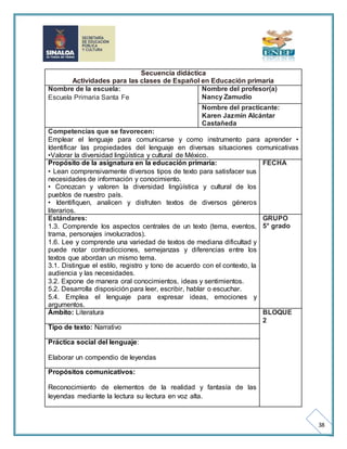 38 
Secuencia didáctica 
Actividades para las clases de Español en Educación primaria 
Nombre de la escuela: 
Escuela Primaria Santa Fe 
Nombre del profesor(a) 
Nancy Zamudio 
Nombre del practicante: 
Karen Jazmín Alcántar 
Castañeda 
Competencias que se favorecen: 
Emplear el lenguaje para comunicarse y como instrumento para aprender • 
Identificar las propiedades del lenguaje en diversas situaciones comunicativas 
•Valorar la diversidad lingüística y cultural de México. 
Propósito de la asignatura en la educación primaria: 
FECHA 
• Lean comprensivamente diversos tipos de texto para satisfacer sus 
necesidades de información y conocimiento. 
• Conozcan y valoren la diversidad lingüística y cultural de los 
pueblos de nuestro país. 
• Identifiquen, analicen y disfruten textos de diversos géneros 
literarios. 
Estándares: 
1.3. Comprende los aspectos centrales de un texto (tema, eventos, 
trama, personajes involucrados). 
1.6. Lee y comprende una variedad de textos de mediana dificultad y 
puede notar contradicciones, semejanzas y diferencias entre los 
textos que abordan un mismo tema. 
3.1. Distingue el estilo, registro y tono de acuerdo con el contexto, la 
audiencia y las necesidades. 
3.2. Expone de manera oral conocimientos, ideas y sentimientos. 
5.2. Desarrolla disposición para leer, escribir, hablar o escuchar. 
5.4. Emplea el lenguaje para expresar ideas, emociones y 
argumentos. 
GRUPO 
5° grado 
Ámbito: Literatura BLOQUE 
2 
Tipo de texto: Narrativo 
Práctica social del lenguaje: 
Elaborar un compendio de leyendas 
Propósitos comunicativos: 
Reconocimiento de elementos de la realidad y fantasía de las 
leyendas mediante la lectura su lectura en voz alta. 
 
