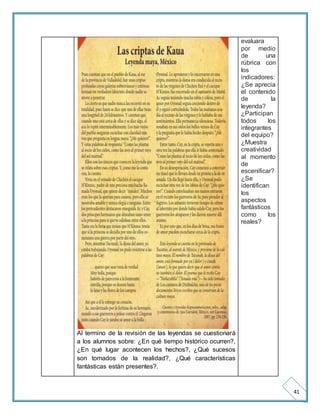 41 
Al termino de la revisión de las leyendas se cuestionará 
a los alumnos sobre: ¿En qué tiempo histórico ocurren?, 
¿En qué lugar acontecen los hechos?, ¿Qué sucesos 
son tomados de la realidad?, ¿Qué características 
fantásticas están presentes?. 
evaluara 
por medio 
de una 
rúbrica con 
los 
indicadores: 
¿Se aprecia 
el contenido 
de la 
leyenda? 
¿Participan 
todos los 
integrantes 
del equipo? 
¿Muestra 
creatividad 
al momento 
de 
escenificar? 
¿Se 
identifican 
los 
aspectos 
fantásticos 
como los 
reales? 
 